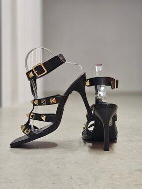 Black Studded High Heel Sandals With Square Toe & Adjustable Ankle Strap